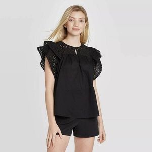 A New Day black eyelet flutter sleeve top BNWT